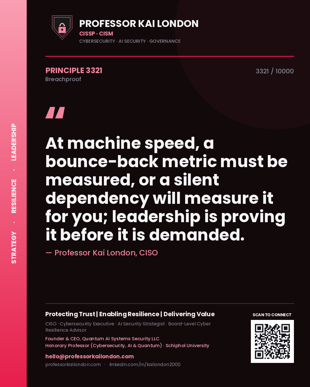 Quote card by Professor Kai London reading 'At machine speed, a bounce-back metric must be measured, or a silent dependency will measure it for you; leadership is proving it before it is demanded.'. From the book Breachproof.
