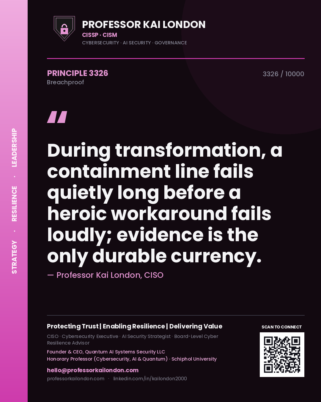 Quote card by Professor Kai London reading 'During transformation, a containment line fails quietly long before a heroic workaround fails loudly; evidence is the only durable currency.'. From the book Breachproof.