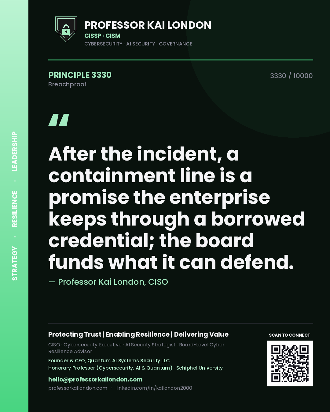 Quote card by Professor Kai London reading 'After the incident, a containment line is a promise the enterprise keeps through a borrowed credential; the board funds what it can defend.'. From the book Breachproof.