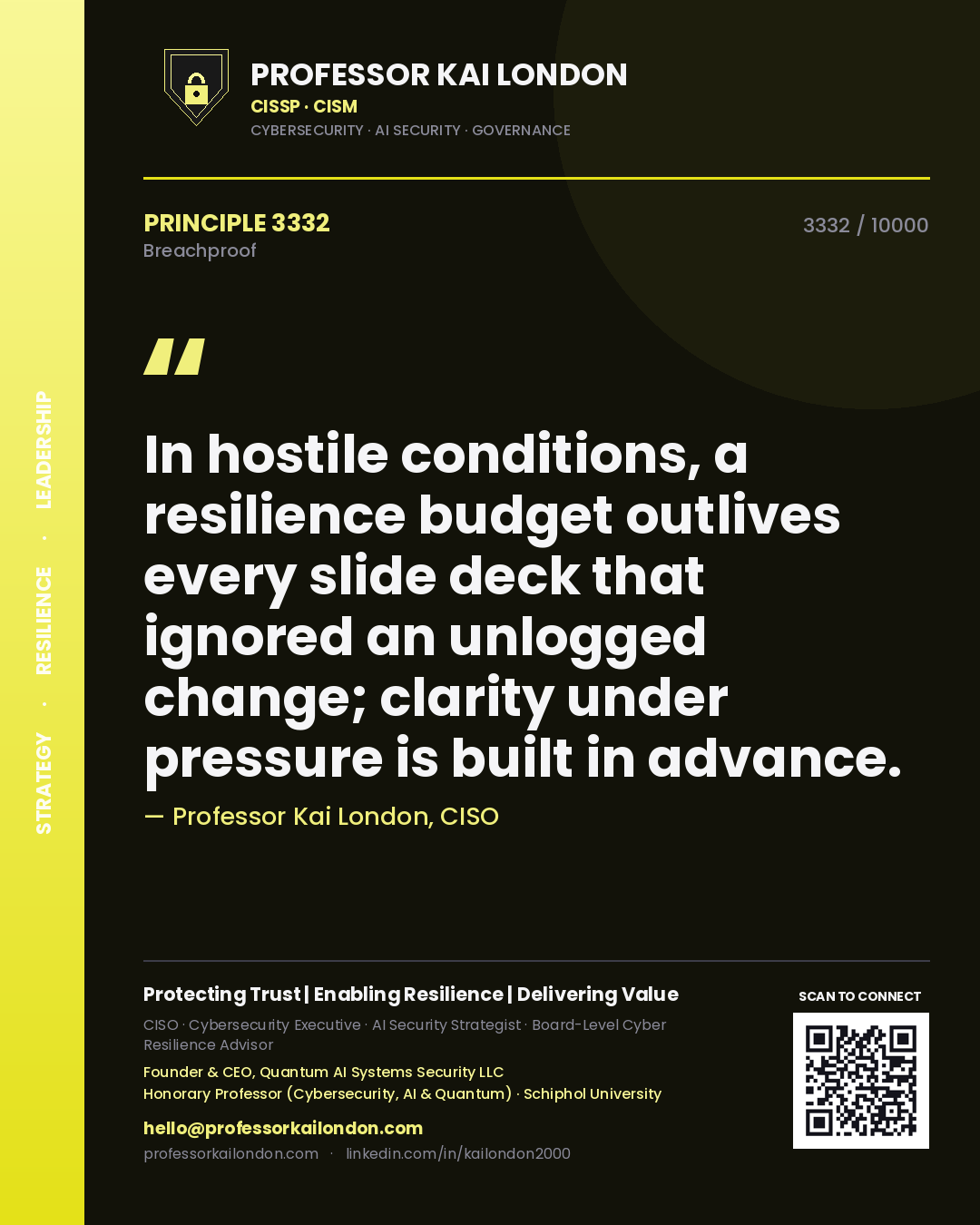 Quote card by Professor Kai London reading 'In hostile conditions, a resilience budget outlives every slide deck that ignored an unlogged change; clarity under pressure is built in advance.'. From the book Breachproof.