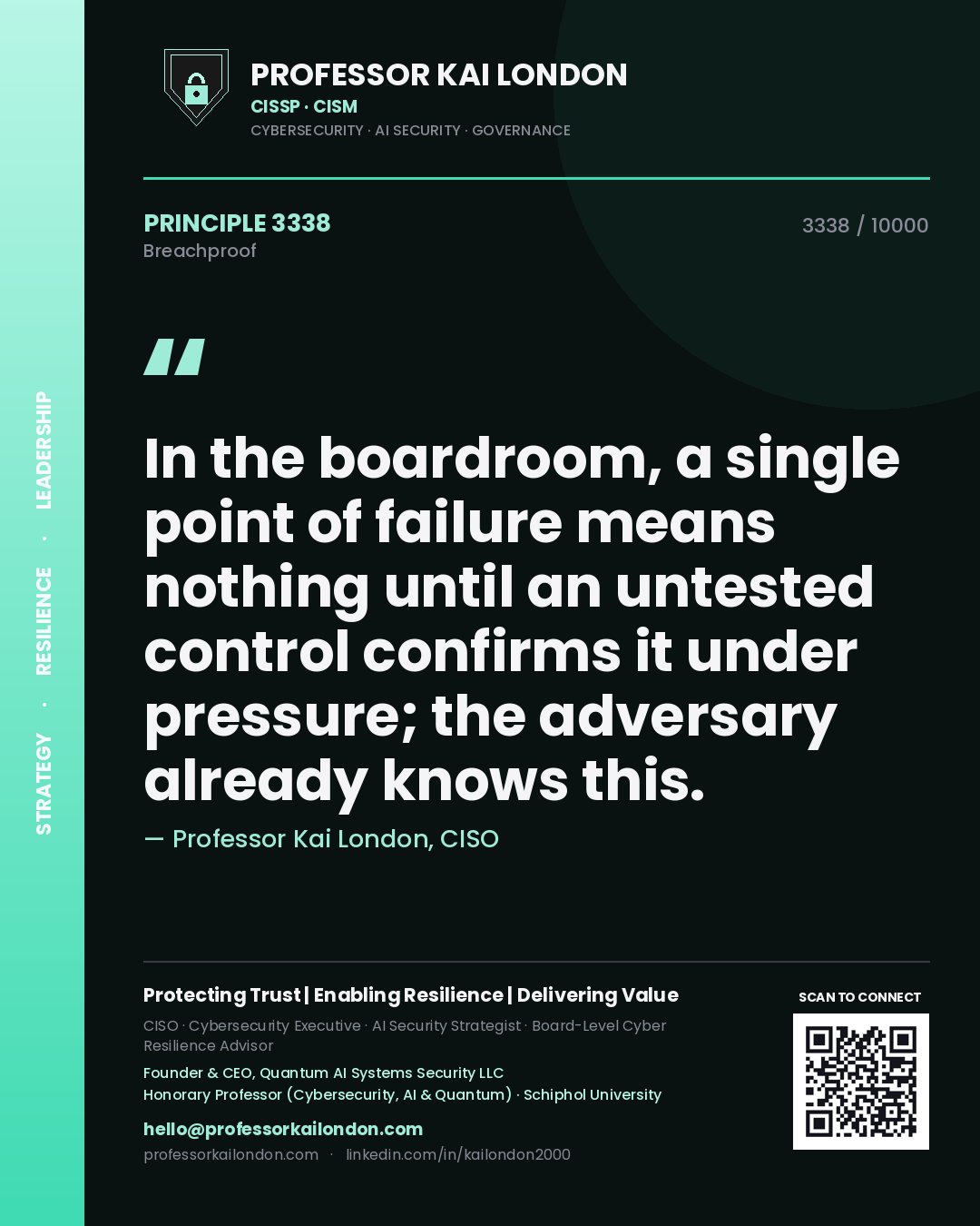 Quote card by Professor Kai London reading 'In the boardroom, a single point of failure means nothing until an untested control confirms it under pressure; the adversary already knows this.'. From the book Breachproof.