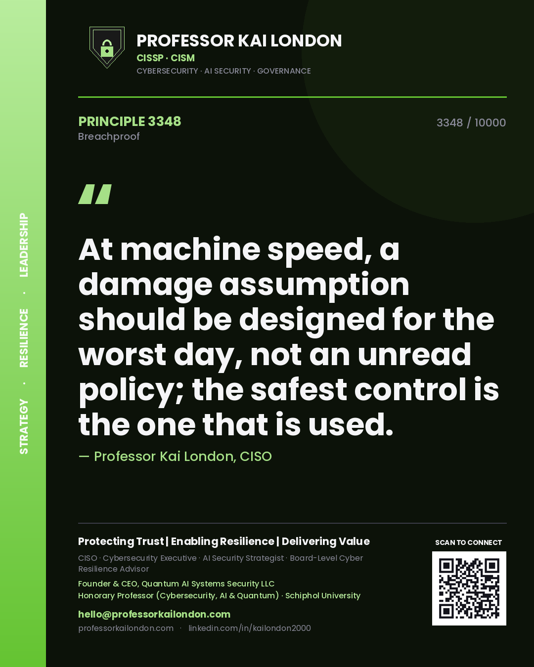 Quote card by Professor Kai London reading 'At machine speed, a damage assumption should be designed for the worst day, not an unread policy; the safest control is the one that is used.'. From the book Breachproof.