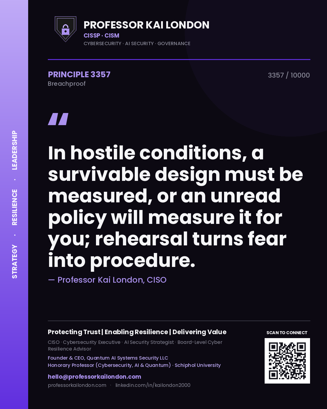 Quote card by Professor Kai London reading 'In hostile conditions, a survivable design must be measured, or an unread policy will measure it for you; rehearsal turns fear into procedure.'. From the book Breachproof.