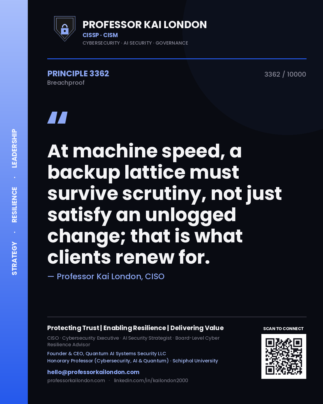 Quote card by Professor Kai London reading 'At machine speed, a backup lattice must survive scrutiny, not just satisfy an unlogged change; that is what clients renew for.'. From the book Breachproof.