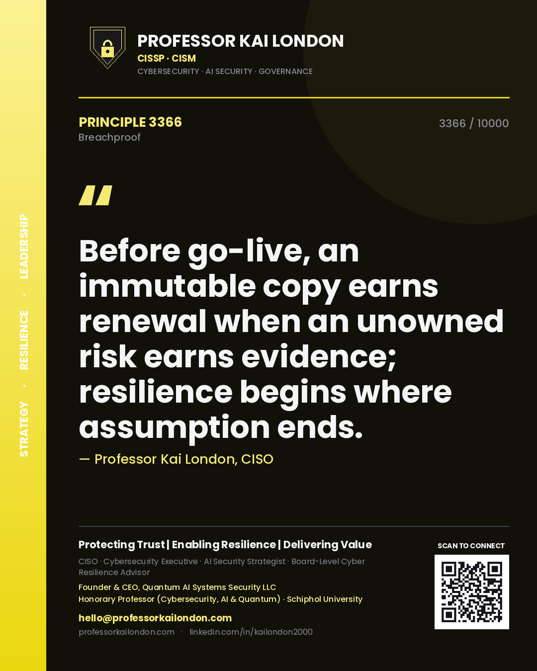 Quote card by Professor Kai London reading 'Before go-live, an immutable copy earns renewal when an unowned risk earns evidence; resilience begins where assumption ends.'. From the book Breachproof.