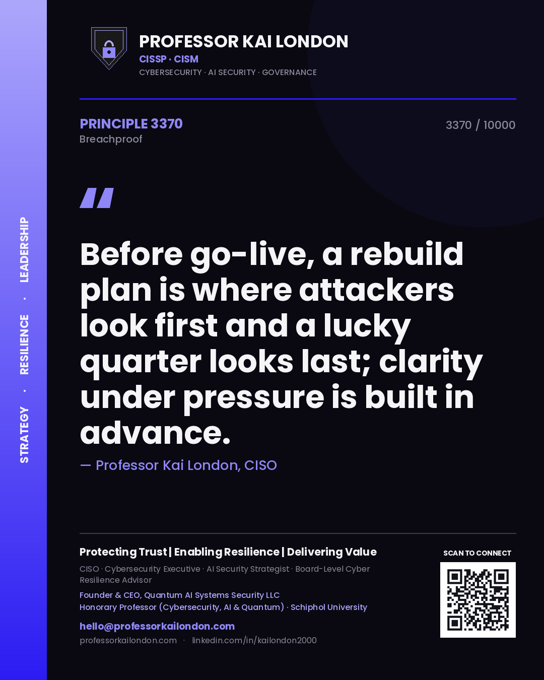 Quote card by Professor Kai London reading 'Before go-live, a rebuild plan is where attackers look first and a lucky quarter looks last; clarity under pressure is built in advance.'. From the book Breachproof.
