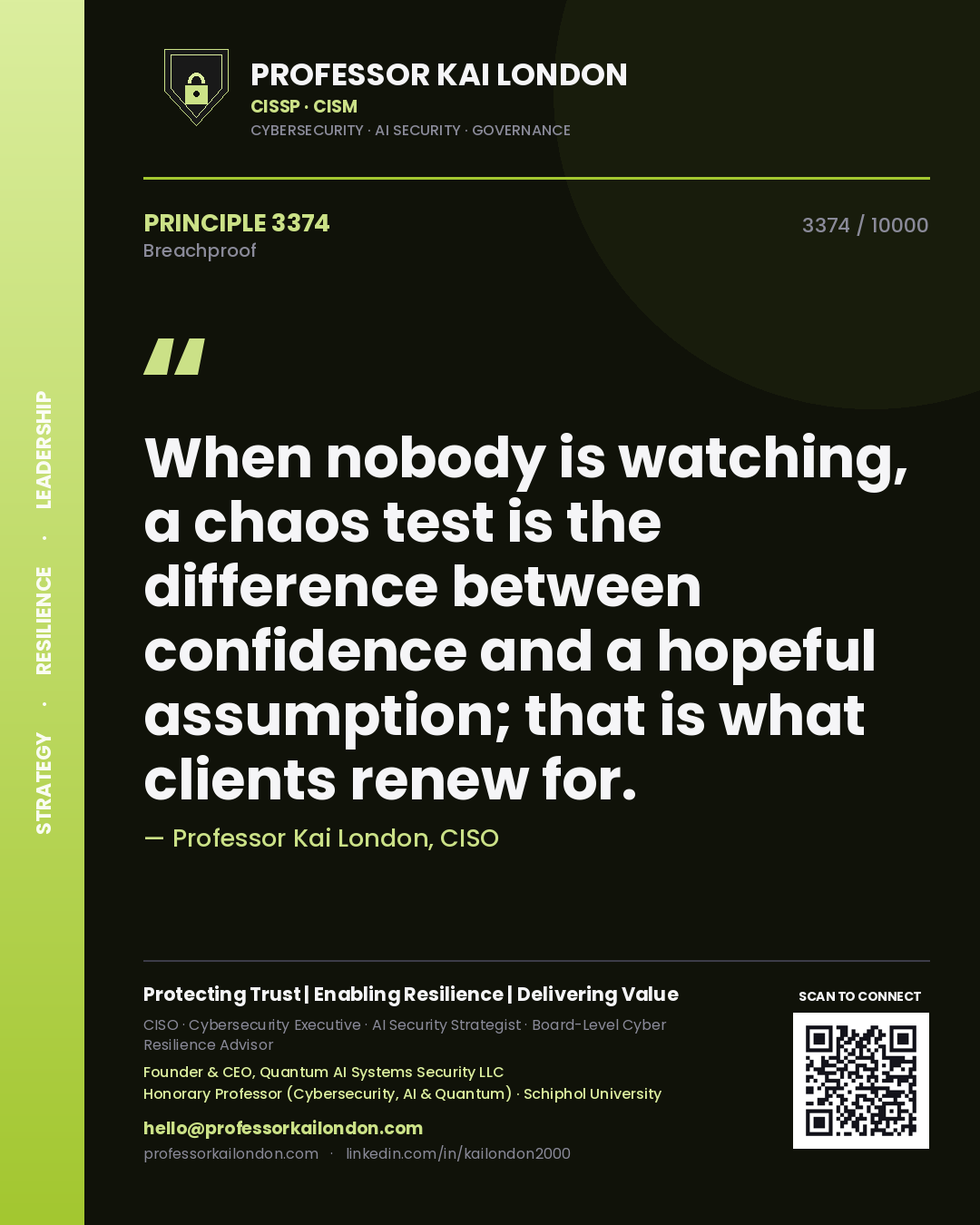 Quote card by Professor Kai London reading 'When nobody is watching, a chaos test is the difference between confidence and a hopeful assumption; that is what clients renew for.'. From the book Breachproof.