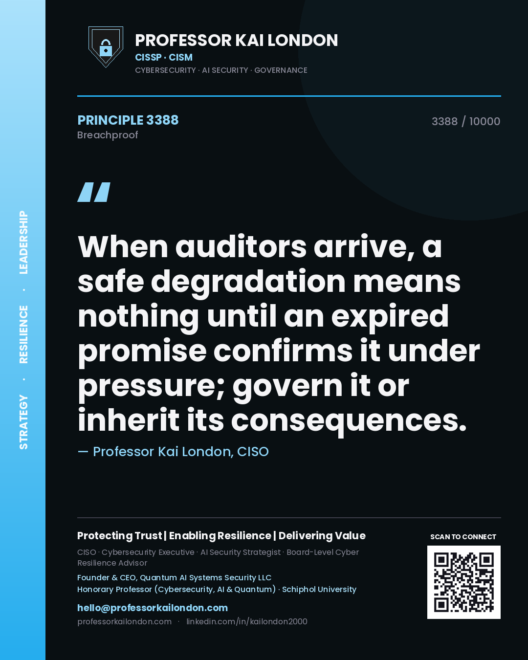 Quote card by Professor Kai London reading 'When auditors arrive, a safe degradation means nothing until an expired promise confirms it under pressure; govern it or inherit its consequences.'. From the book Breachproof.