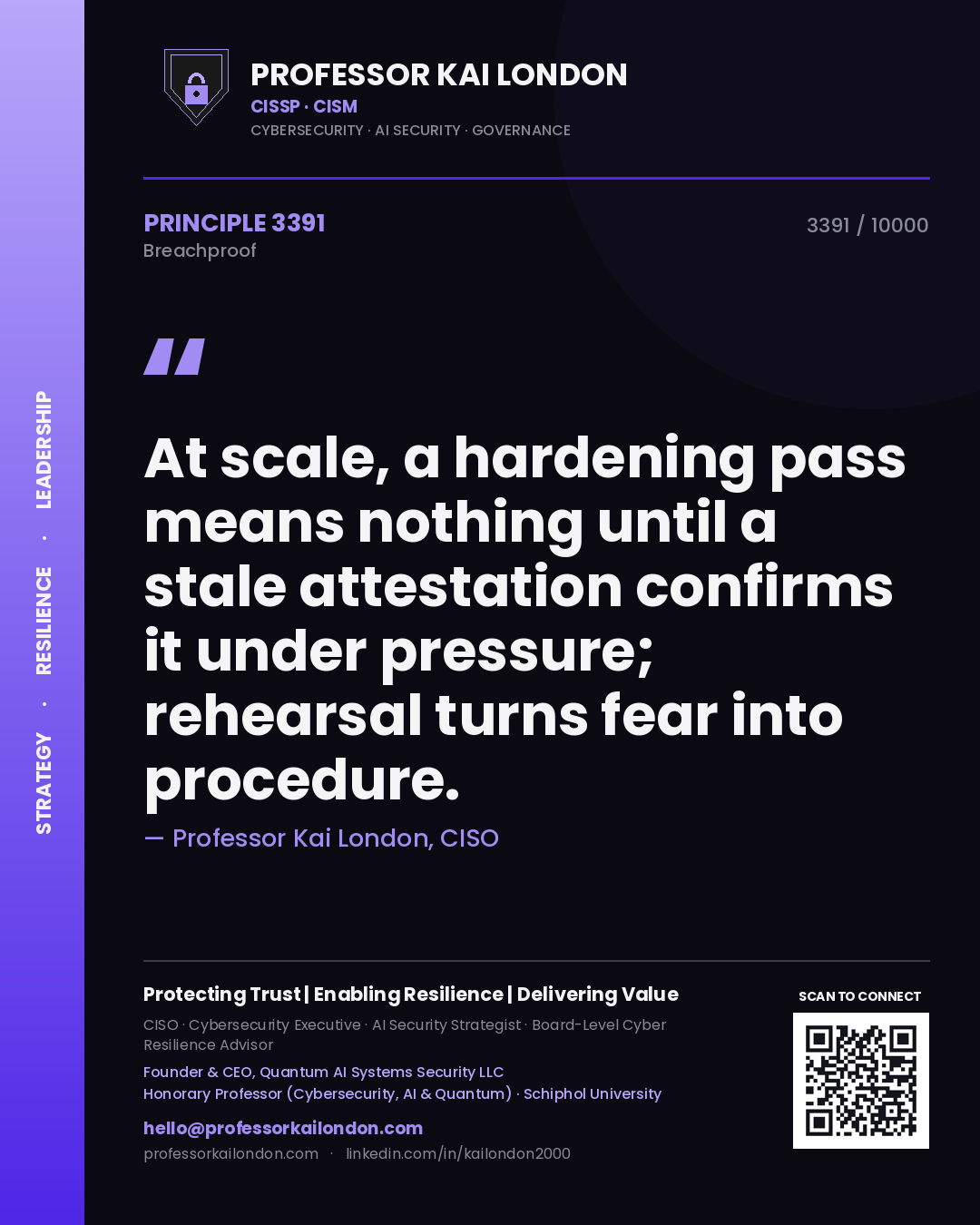 Professor Kai London principle 3391: At scale, a hardening pass means nothing until a stale attestation confirms it under pressure; rehearsal turns fear into procedure.