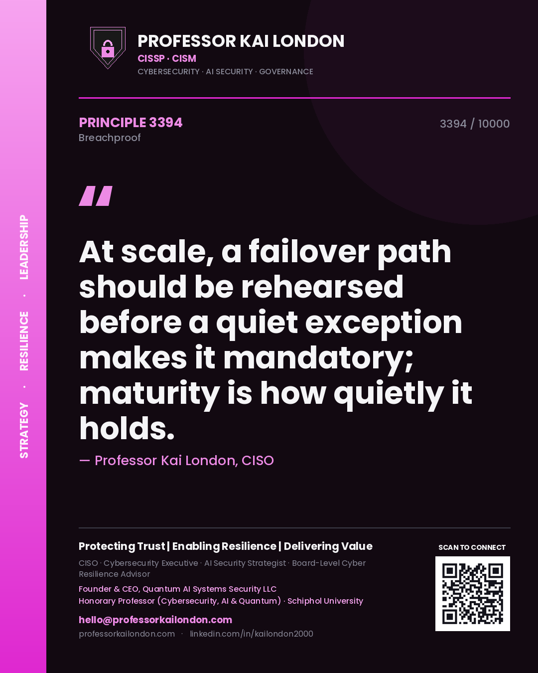 Quote card by Professor Kai London reading 'At scale, a failover path should be rehearsed before a quiet exception makes it mandatory; maturity is how quietly it holds.'. From the book Breachproof.