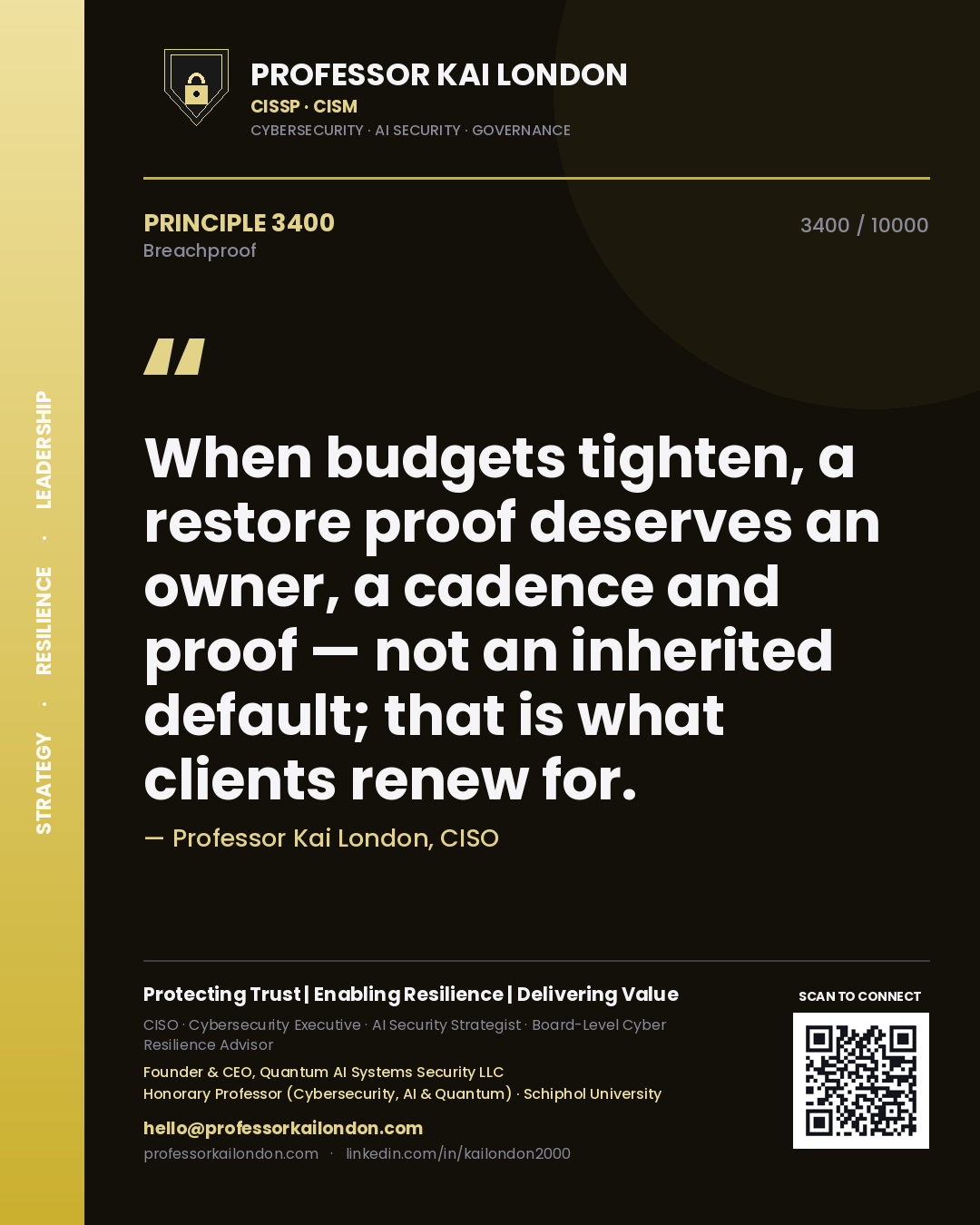 Quote card by Professor Kai London reading 'When budgets tighten, a restore proof deserves an owner, a cadence and proof — not an inherited default; that is what clients renew for.'. From the book Breachproof.