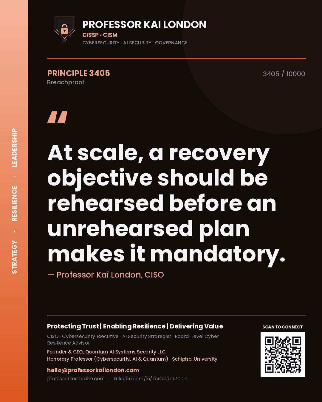 Professor Kai London principle 3405: At scale, a recovery objective should be rehearsed before an unrehearsed plan makes it mandatory.