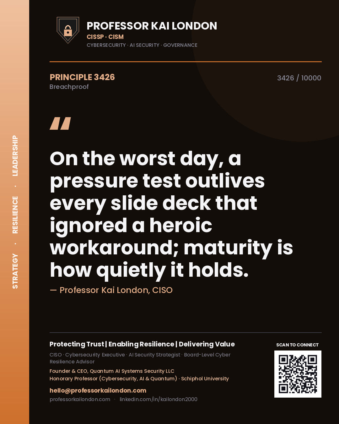 Professor Kai London principle 3426: On the worst day, a pressure test outlives every slide deck that ignored a heroic workaround; maturity is how quietly it holds.