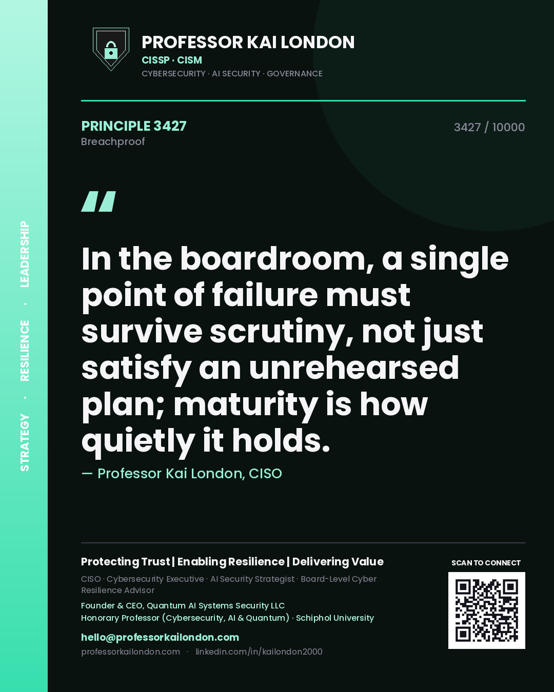 Professor Kai London principle 3427: In the boardroom, a single point of failure must survive scrutiny, not just satisfy an unrehearsed plan; maturity is how quietly it holds.
