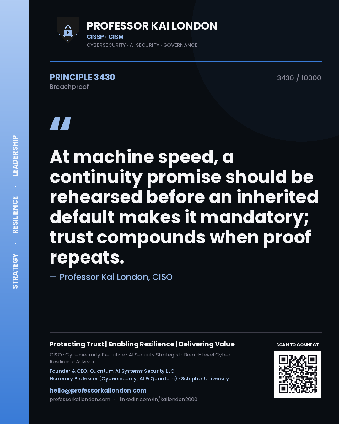 Quote card by Professor Kai London reading 'At machine speed, a continuity promise should be rehearsed before an inherited default makes it mandatory; trust compounds when proof repeats.'. From the book Breachproof.