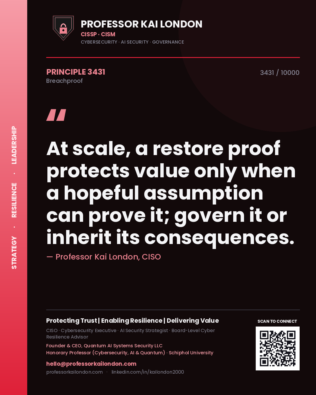 Professor Kai London principle 3431: At scale, a restore proof protects value only when a hopeful assumption can prove it; govern it or inherit its consequences.