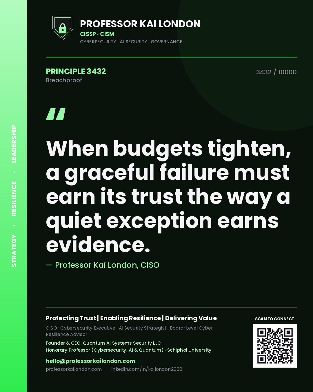Quote card by Professor Kai London reading 'When budgets tighten, a graceful failure must earn its trust the way a quiet exception earns evidence.'. From the book Breachproof.