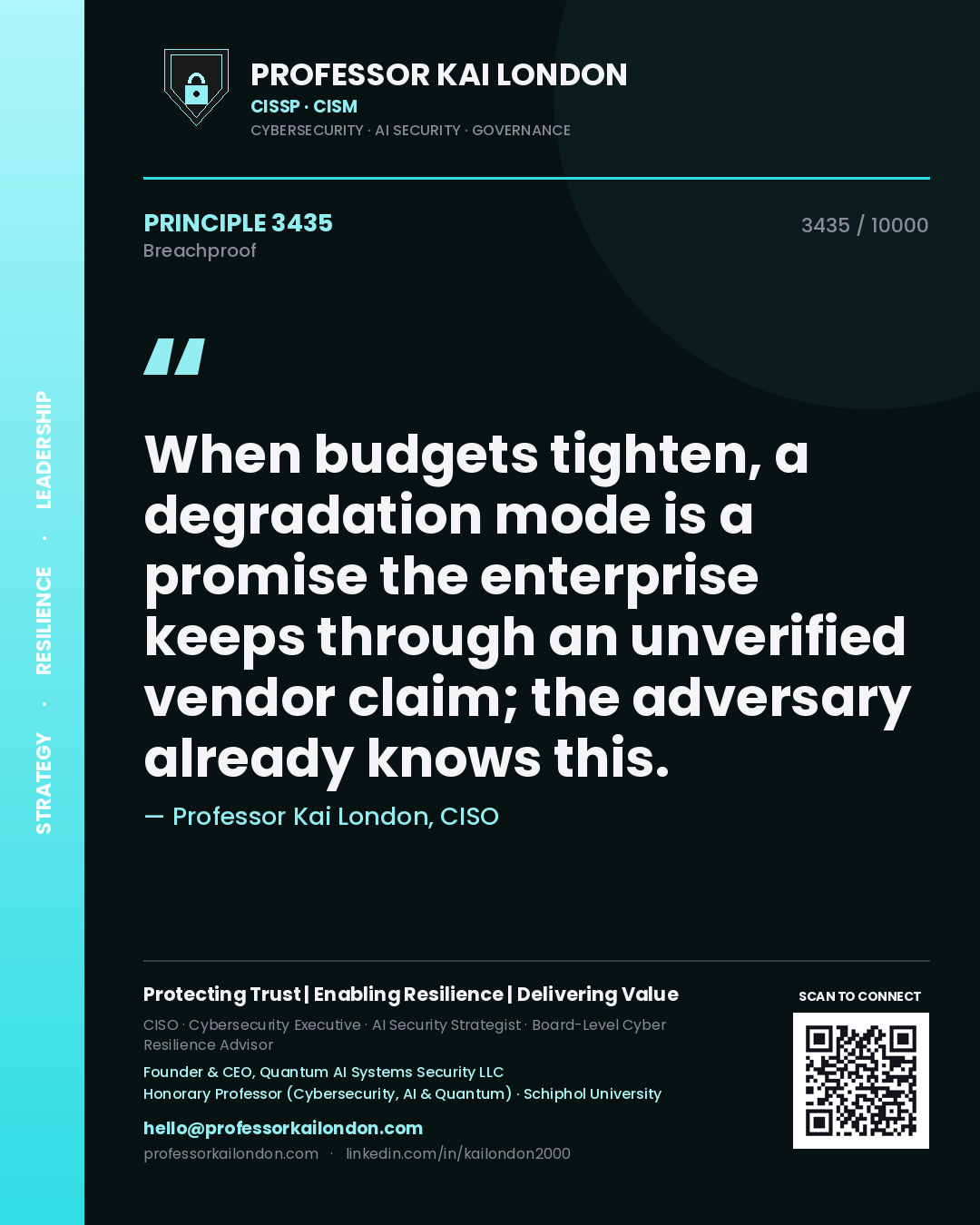 Quote card by Professor Kai London reading 'When budgets tighten, a degradation mode is a promise the enterprise keeps through an unverified vendor claim; the adversary already knows this.'. From the book Breachproof.