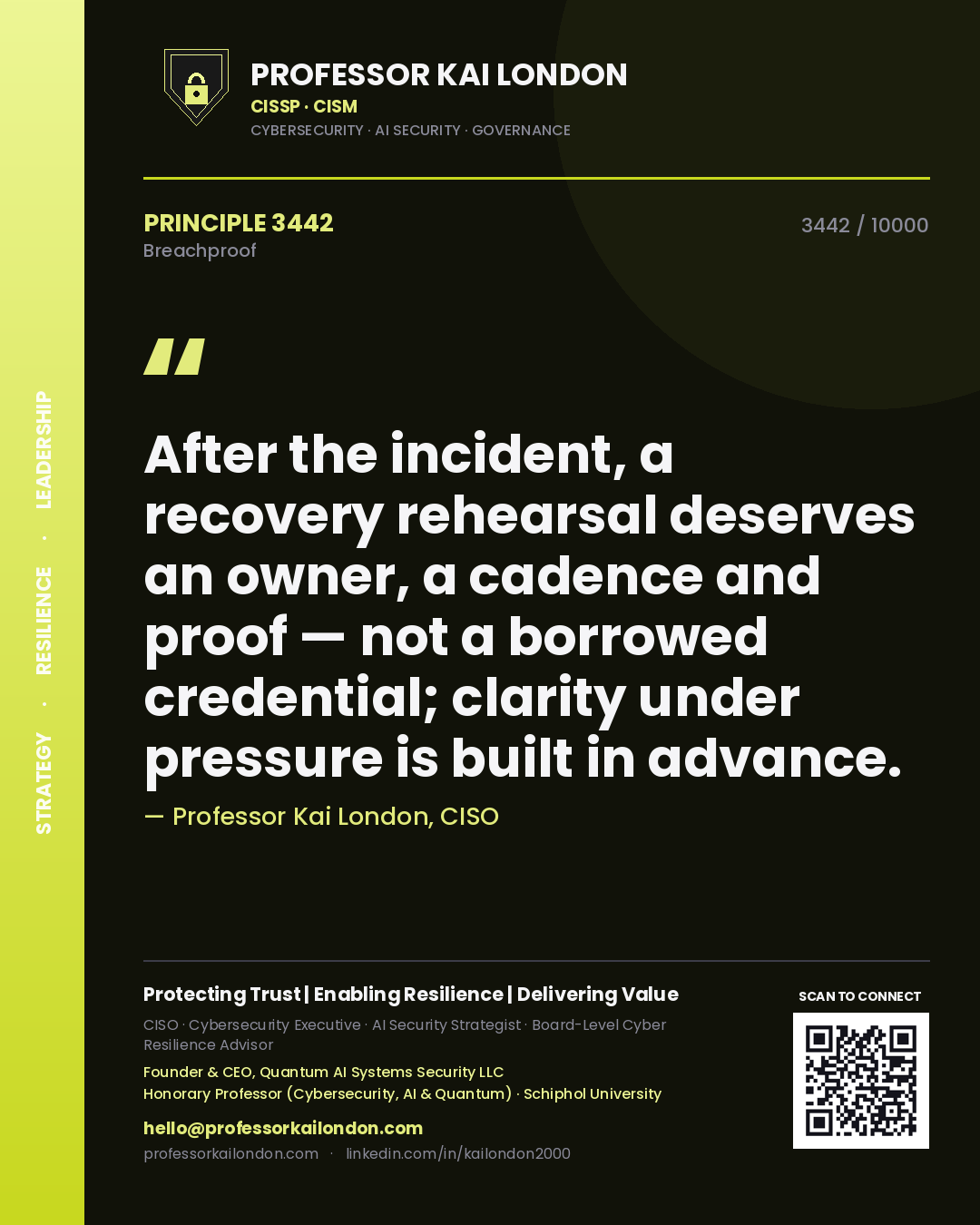 Professor Kai London principle 3442: After the incident, a recovery rehearsal deserves an owner, a cadence and proof — not a borrowed credential; clarity under pressure is built in advance.