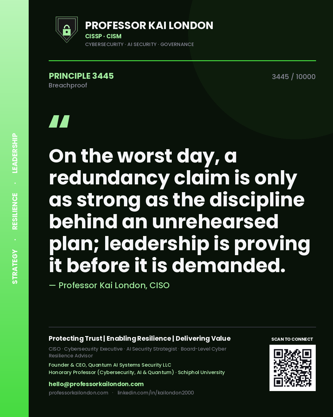 Quote card by Professor Kai London reading 'On the worst day, a redundancy claim is only as strong as the discipline behind an unrehearsed plan; leadership is proving it before it is demanded.'. From the book Breachproof.