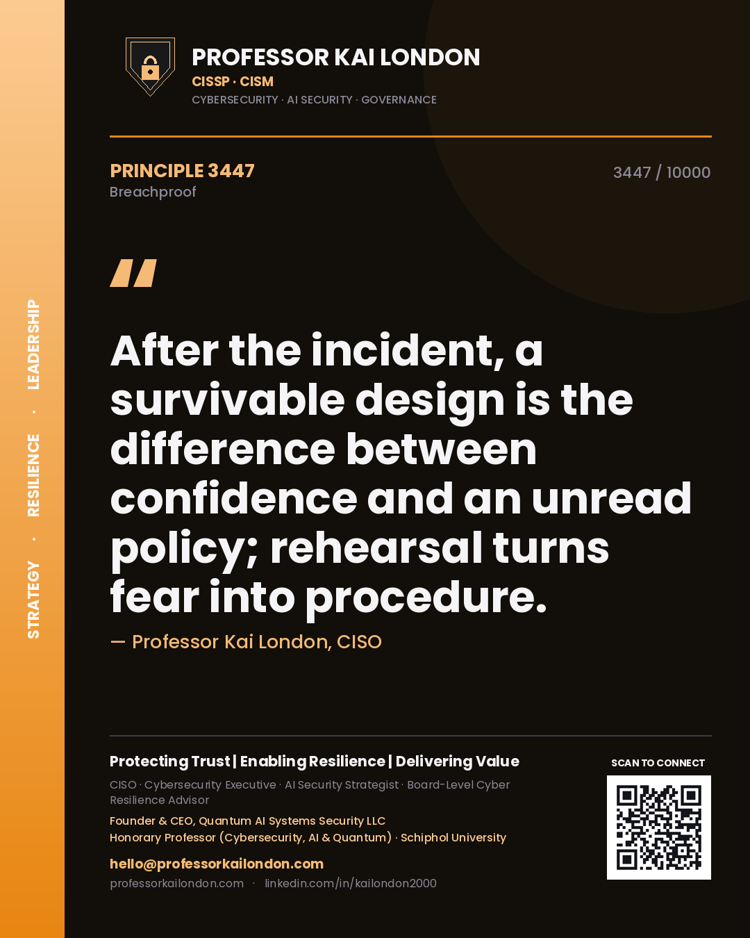 Quote card by Professor Kai London reading 'After the incident, a survivable design is the difference between confidence and an unread policy; rehearsal turns fear into procedure.'. From the book Breachproof.