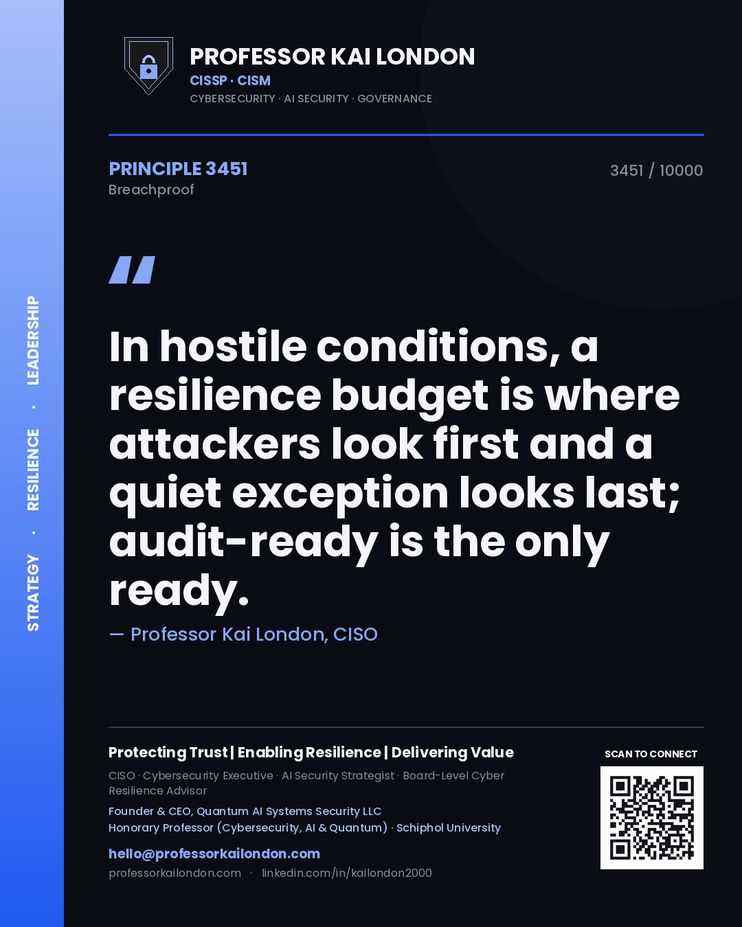 Professor Kai London principle 3451: In hostile conditions, a resilience budget is where attackers look first and a quiet exception looks last; audit-ready is the only ready.