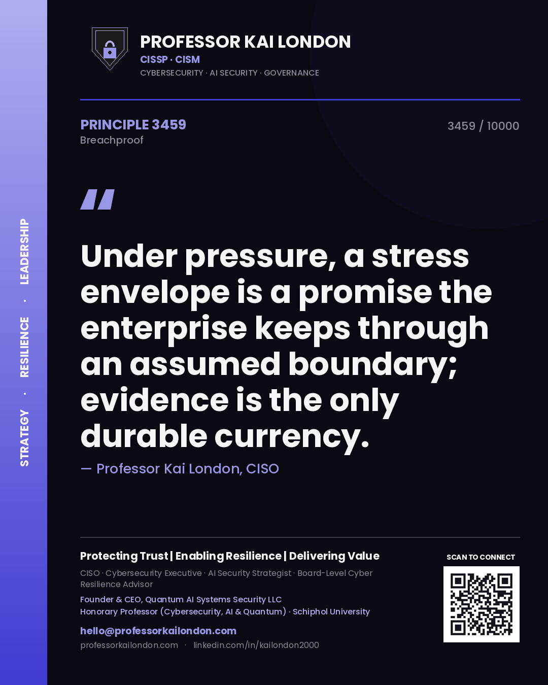 Quote card by Professor Kai London reading 'Under pressure, a stress envelope is a promise the enterprise keeps through an assumed boundary; evidence is the only durable currency.'. From the book Breachproof.