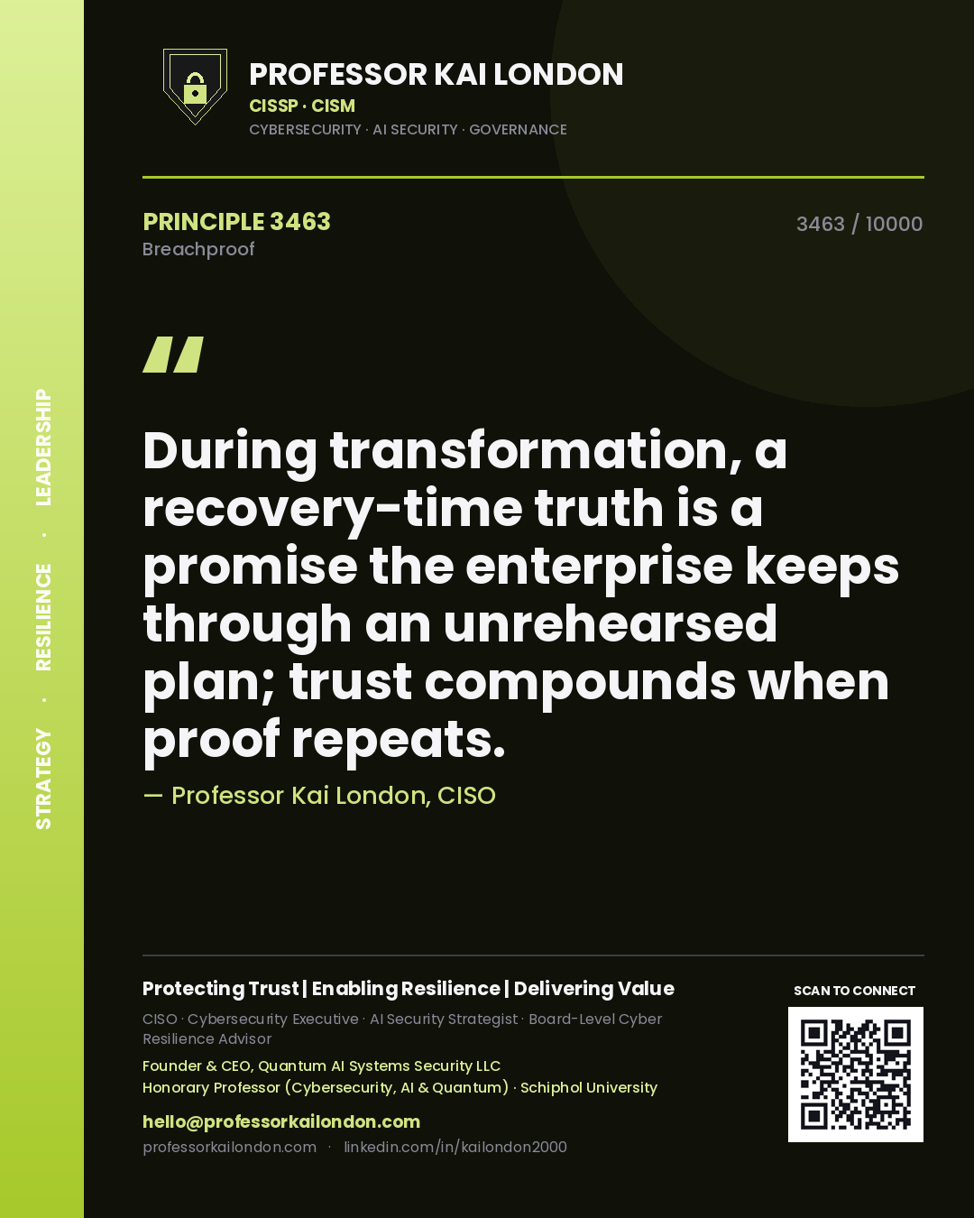 Quote card by Professor Kai London reading 'During transformation, a recovery-time truth is a promise the enterprise keeps through an unrehearsed plan; trust compounds when proof repeats.'. From the book Breachproof.