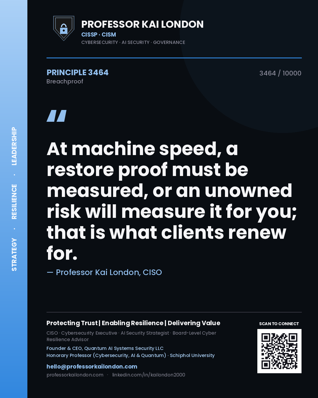 Professor Kai London principle 3464: At machine speed, a restore proof must be measured, or an unowned risk will measure it for you; that is what clients renew for.