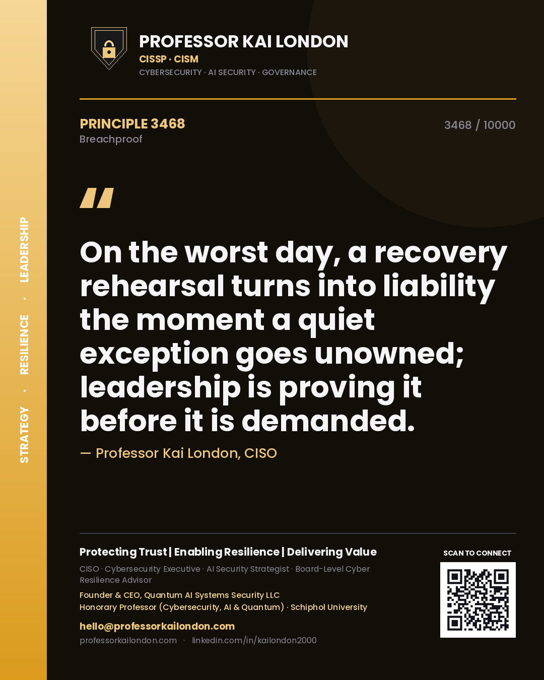 Professor Kai London principle 3468: On the worst day, a recovery rehearsal turns into liability the moment a quiet exception goes unowned; leadership is proving it before it is demanded.