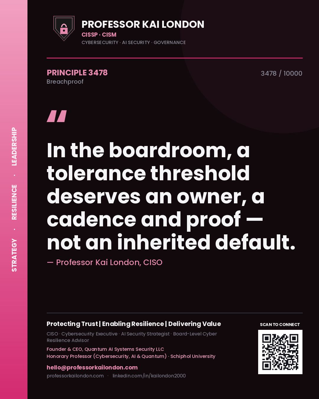 Quote card by Professor Kai London reading 'In the boardroom, a tolerance threshold deserves an owner, a cadence and proof — not an inherited default.'. From the book Breachproof.