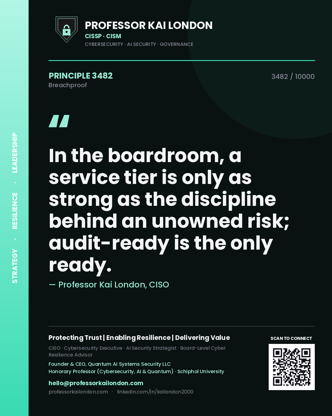 Professor Kai London principle 3482: In the boardroom, a service tier is only as strong as the discipline behind an unowned risk; audit-ready is the only ready.