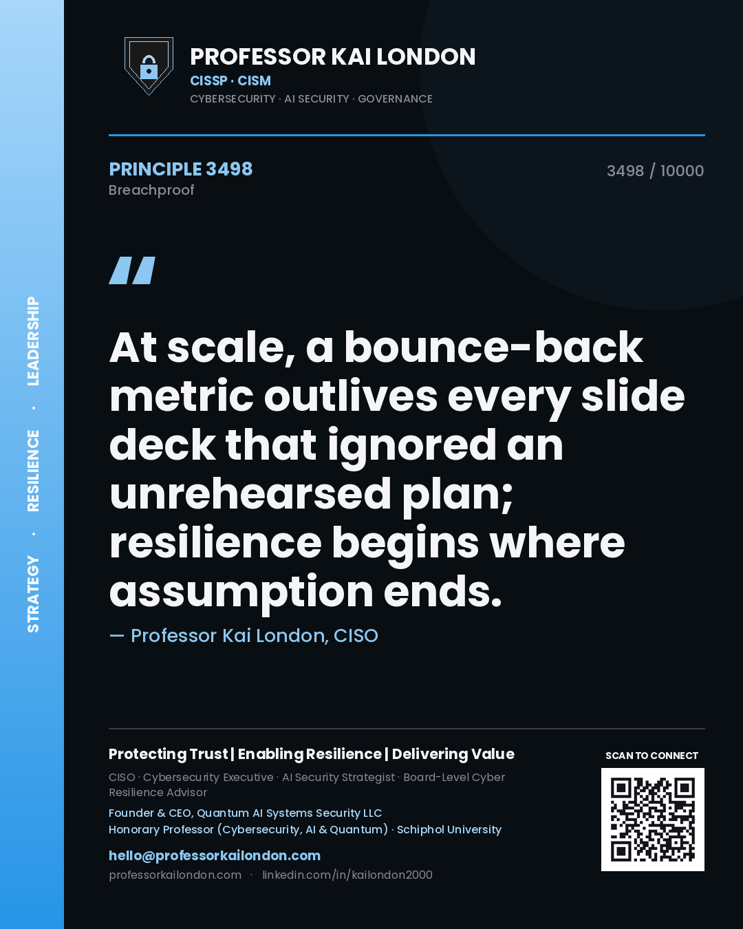 Quote card by Professor Kai London reading 'At scale, a bounce-back metric outlives every slide deck that ignored an unrehearsed plan; resilience begins where assumption ends.'. From the book Breachproof.