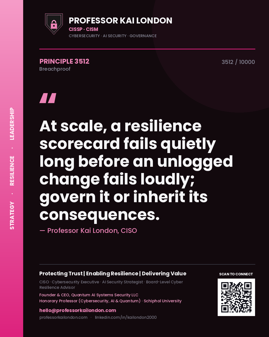 Quote card by Professor Kai London reading 'At scale, a resilience scorecard fails quietly long before an unlogged change fails loudly; govern it or inherit its consequences.'. From the book Breachproof.