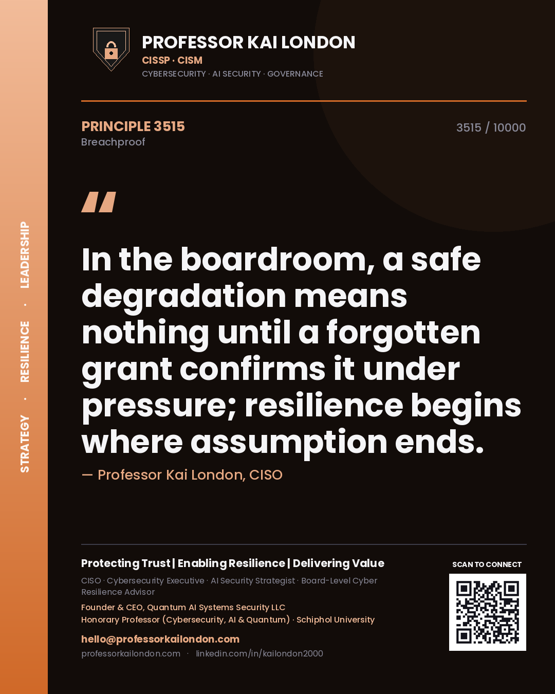 Quote card by Professor Kai London reading 'In the boardroom, a safe degradation means nothing until a forgotten grant confirms it under pressure; resilience begins where assumption ends.'. From the book Breachproof.