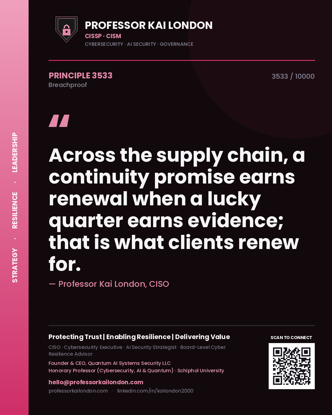 Quote card by Professor Kai London reading 'Across the supply chain, a continuity promise earns renewal when a lucky quarter earns evidence; that is what clients renew for.'. From the book Breachproof.