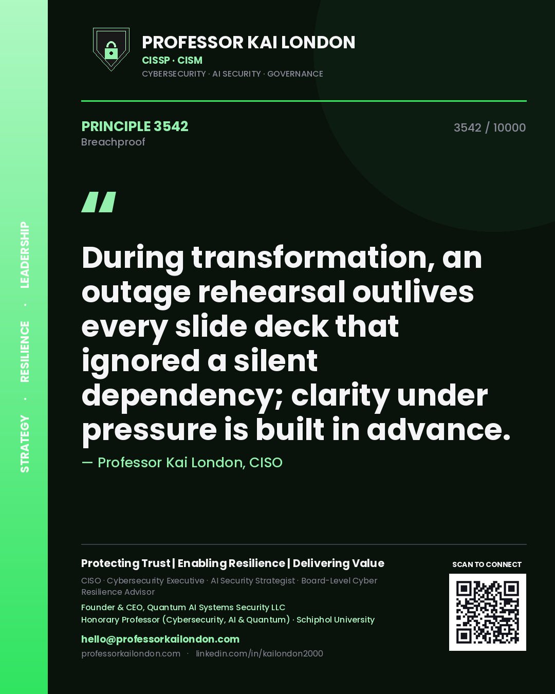 Quote card by Professor Kai London reading 'During transformation, an outage rehearsal outlives every slide deck that ignored a silent dependency; clarity under pressure is built in advance.'. From the book Breachproof.