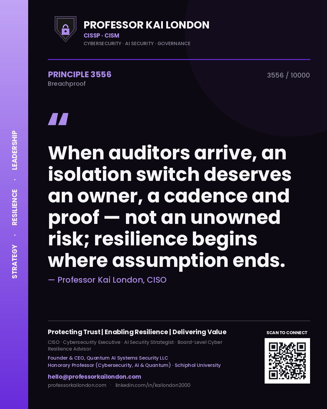 Quote card by Professor Kai London reading 'When auditors arrive, an isolation switch deserves an owner, a cadence and proof — not an unowned risk; resilience begins where assumption ends.'. From the book Breachproof.