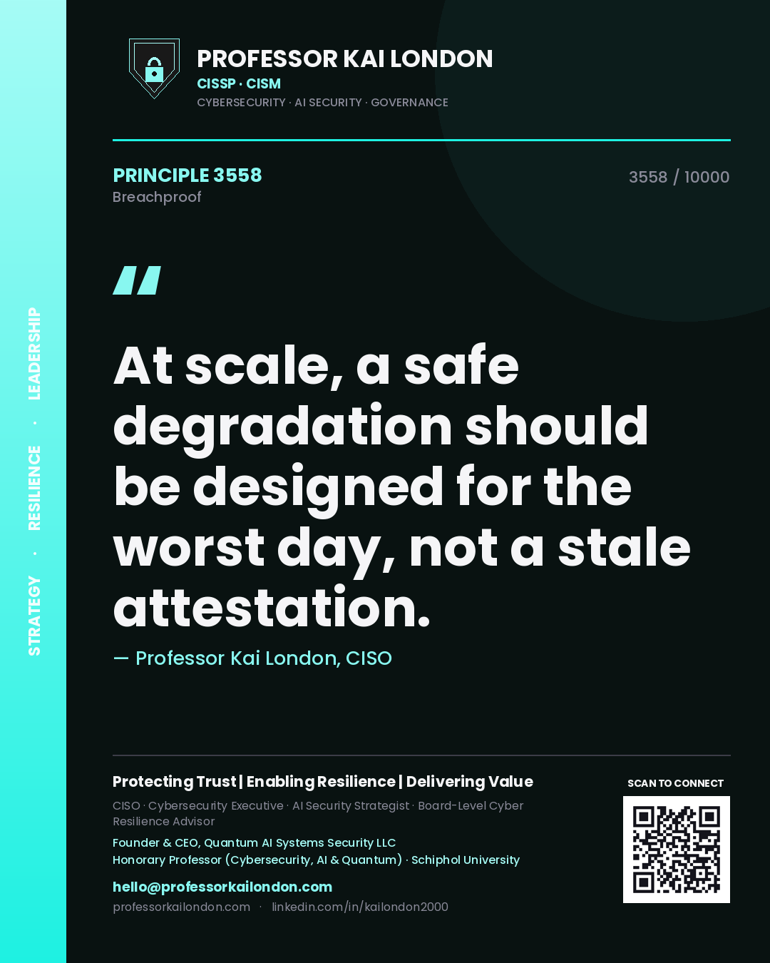 Quote card by Professor Kai London reading 'At scale, a safe degradation should be designed for the worst day, not a stale attestation.'. From the book Breachproof.