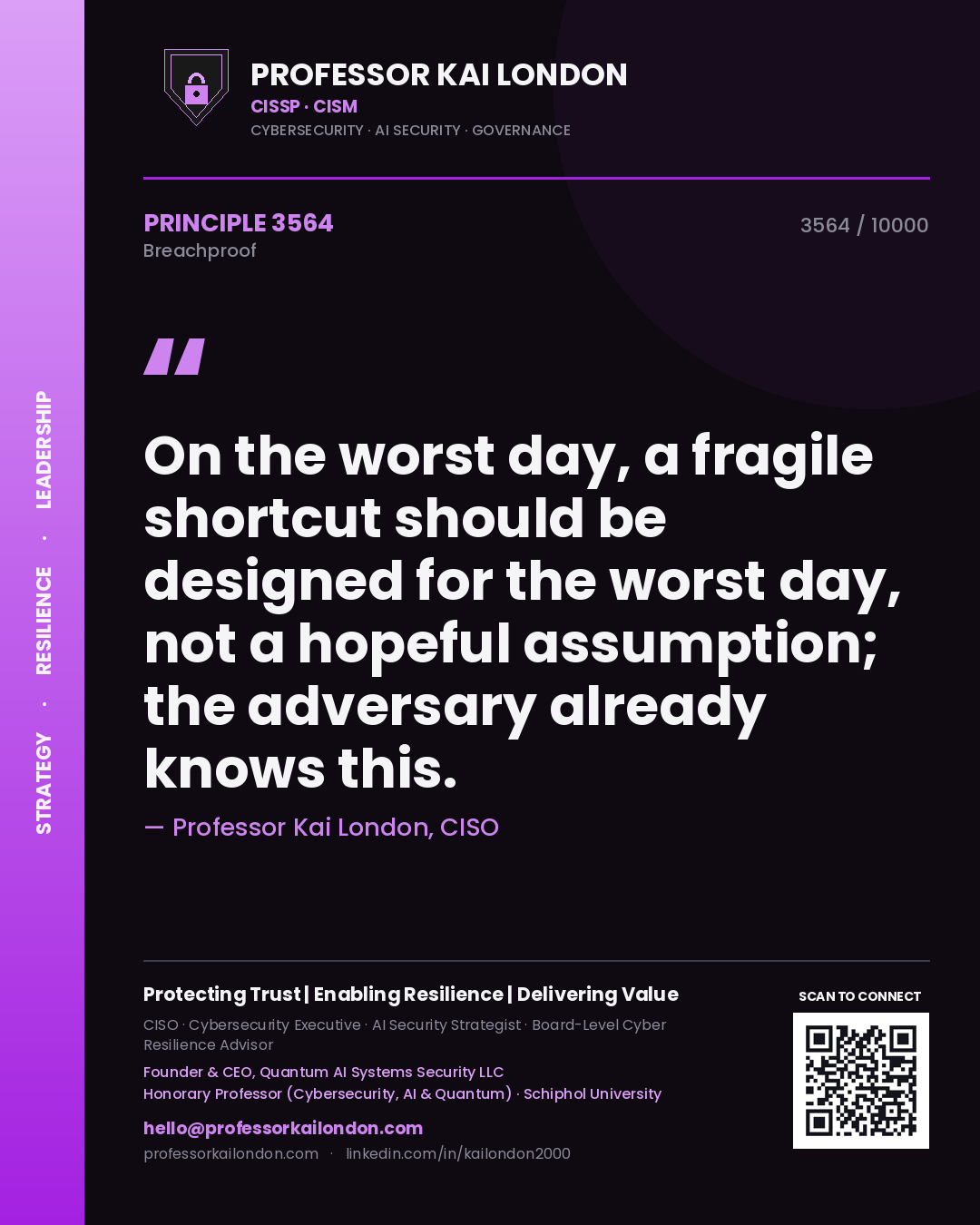 Quote card by Professor Kai London reading 'On the worst day, a fragile shortcut should be designed for the worst day, not a hopeful assumption; the adversary already knows this.'. From the book Breachproof.