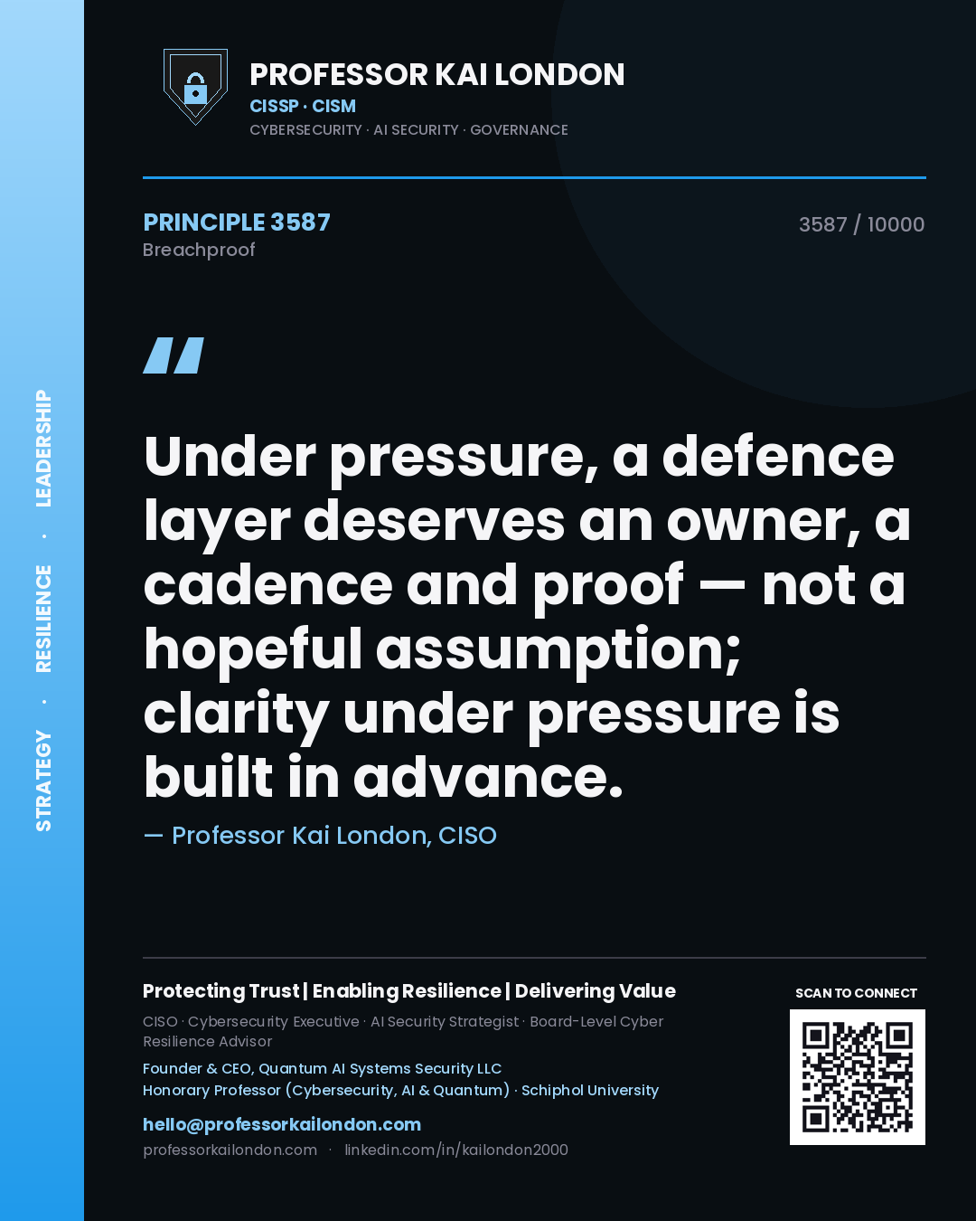Quote card by Professor Kai London reading 'Under pressure, a defence layer deserves an owner, a cadence and proof — not a hopeful assumption; clarity under pressure is built in advance.'. From the book Breachproof.