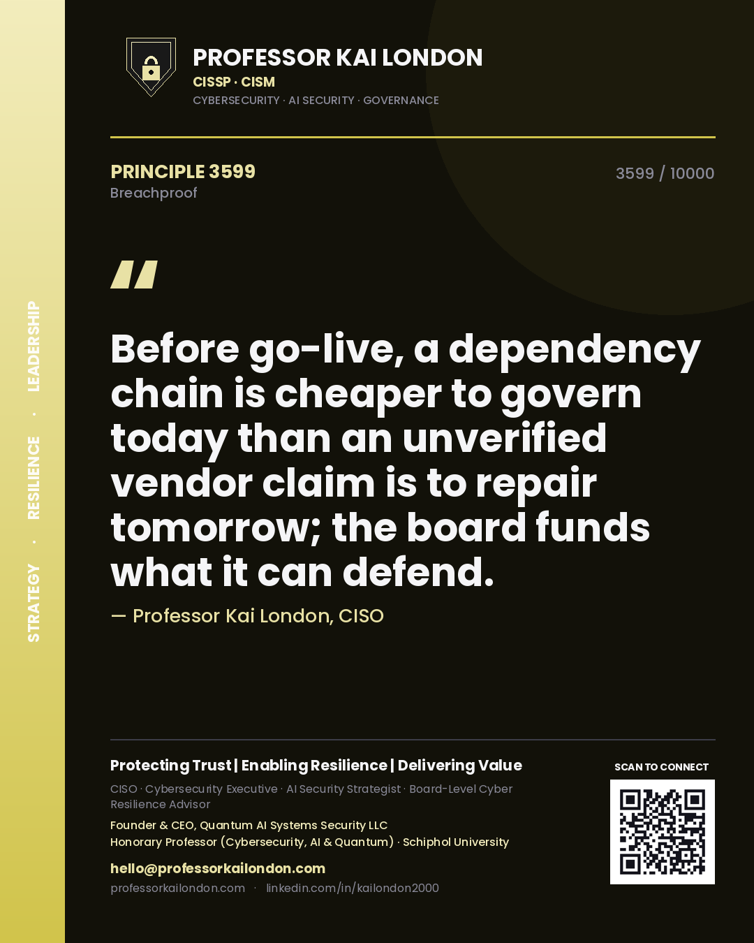 Quote card by Professor Kai London reading 'Before go-live, a dependency chain is cheaper to govern today than an unverified vendor claim is to repair tomorrow; the board funds what it can defend.'. From the book Breachproof.