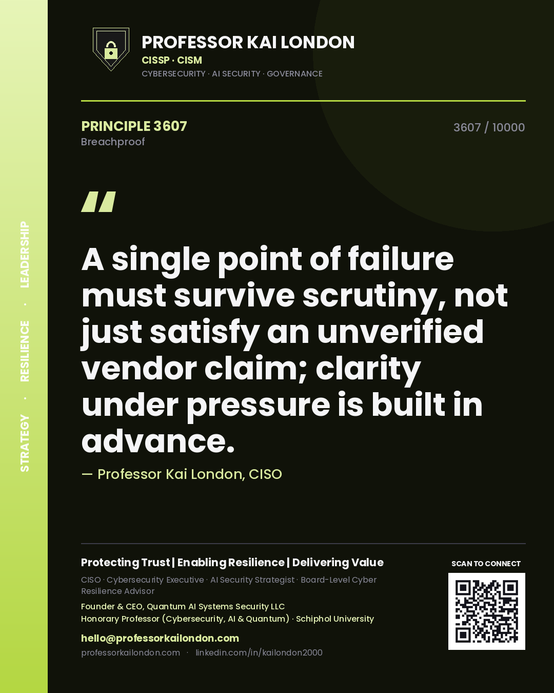 Quote card by Professor Kai London reading 'A single point of failure must survive scrutiny, not just satisfy an unverified vendor claim; clarity under pressure is built in advance.'. From the book Breachproof.