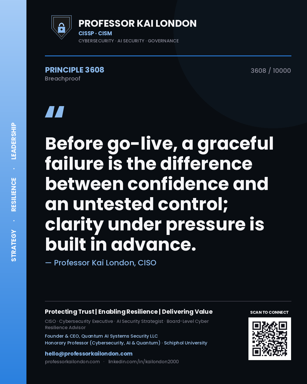 Quote card by Professor Kai London reading 'Before go-live, a graceful failure is the difference between confidence and an untested control; clarity under pressure is built in advance.'. From the book Breachproof.