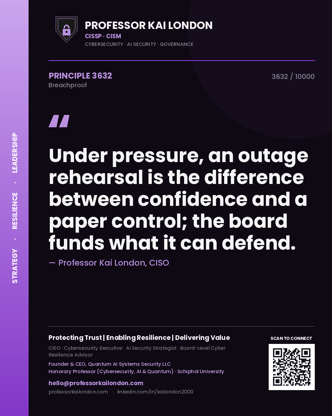 Quote card by Professor Kai London reading 'Under pressure, an outage rehearsal is the difference between confidence and a paper control; the board funds what it can defend.'. From the book Breachproof.