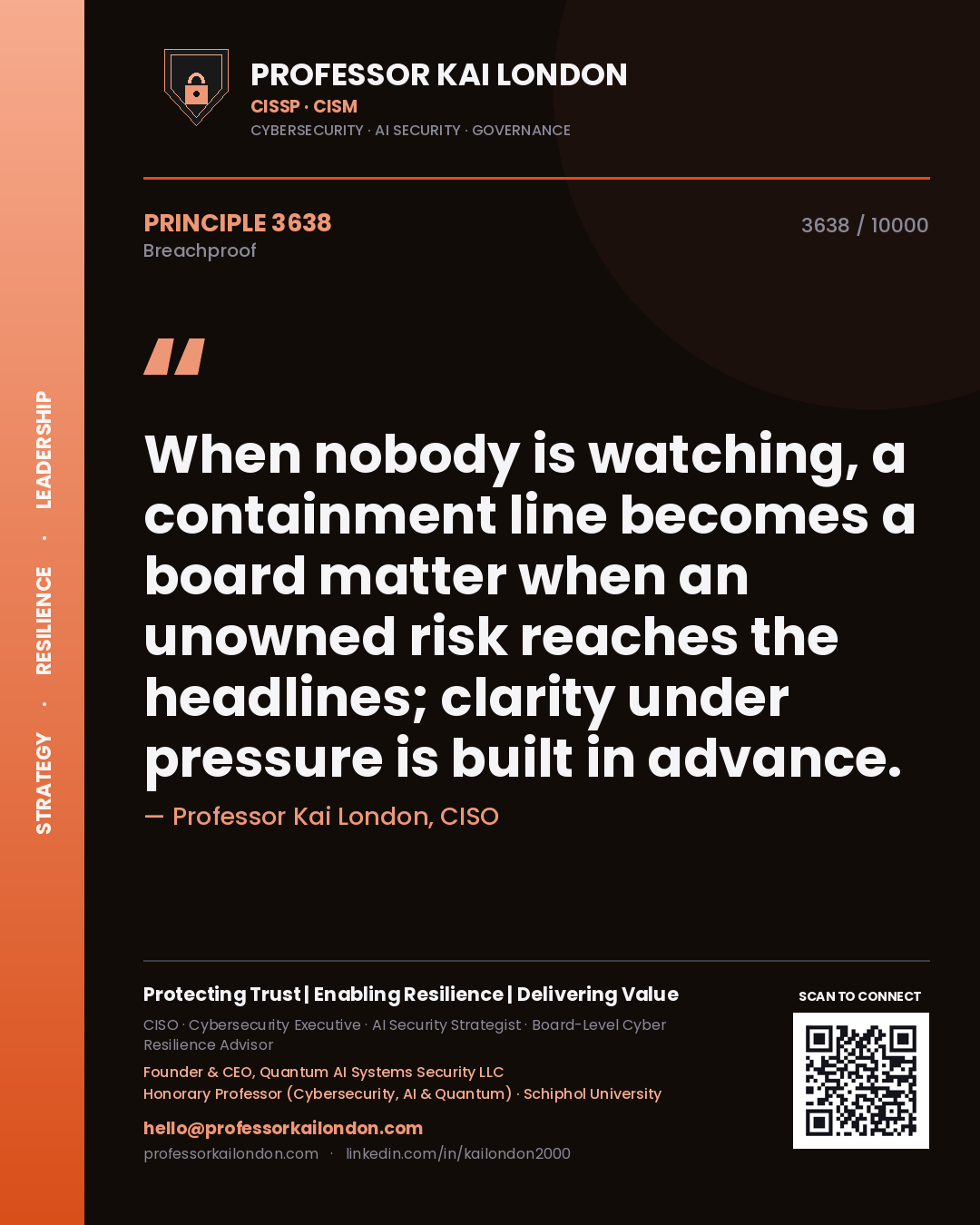 Quote card by Professor Kai London reading 'When nobody is watching, a containment line becomes a board matter when an unowned risk reaches the headlines; clarity under pressure is built in advance.'. From the book Breachproof.
