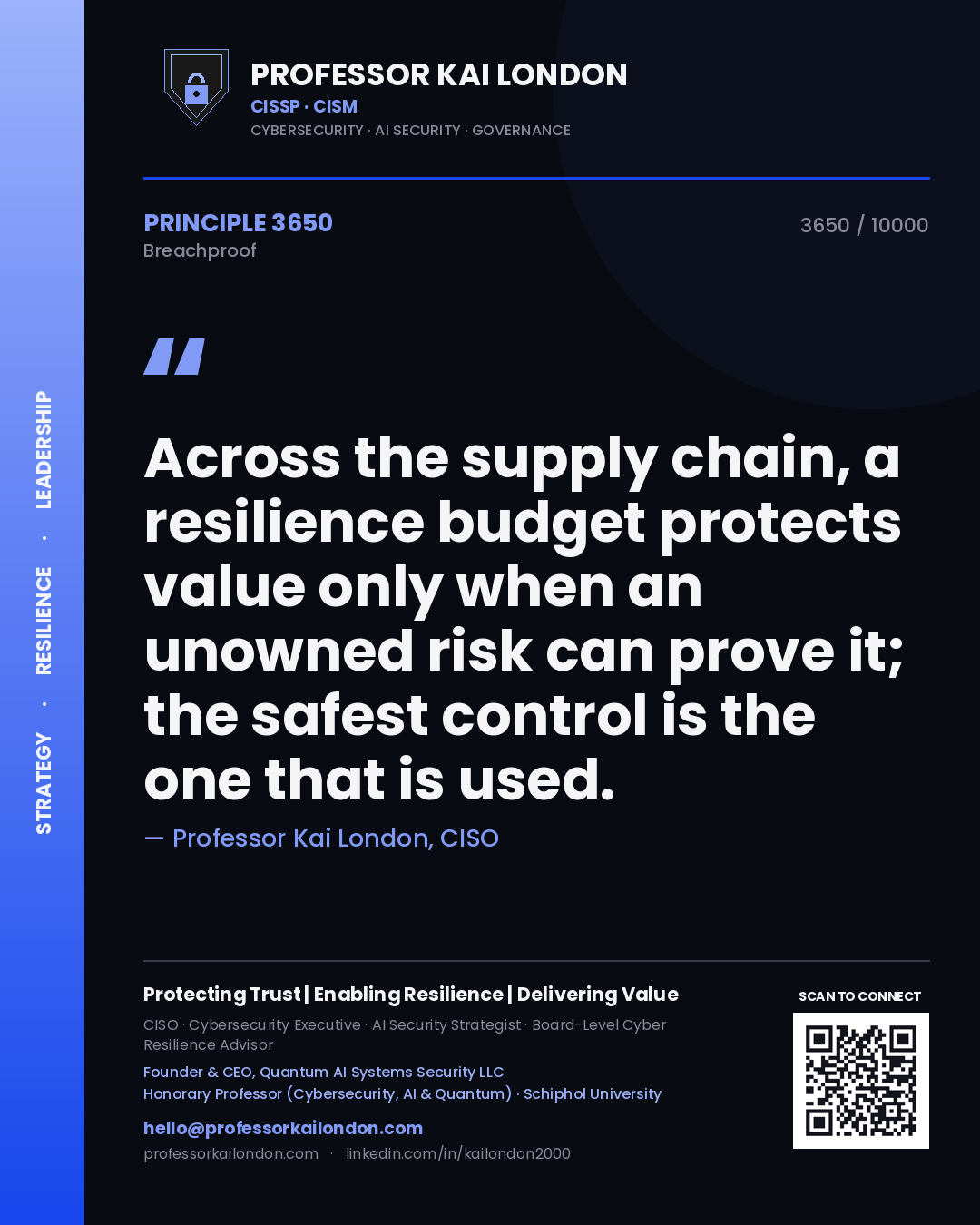 Quote card by Professor Kai London reading 'Across the supply chain, a resilience budget protects value only when an unowned risk can prove it; the safest control is the one that is used.'. From the book Breachproof.