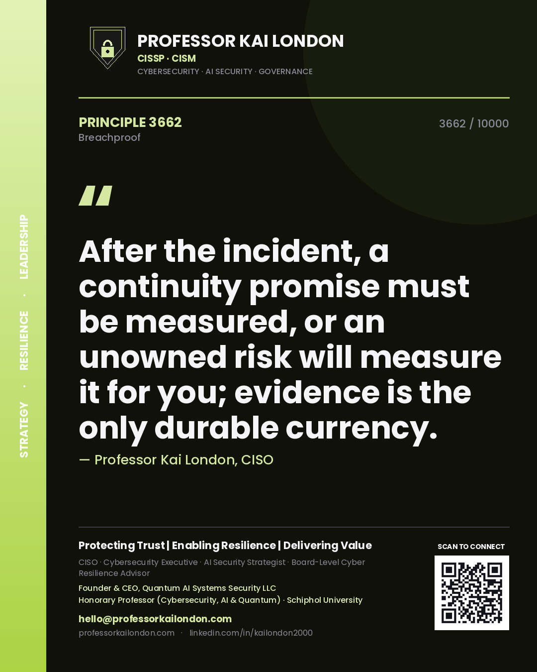 Quote card by Professor Kai London reading 'After the incident, a continuity promise must be measured, or an unowned risk will measure it for you; evidence is the only durable currency.'. From the book Breachproof.