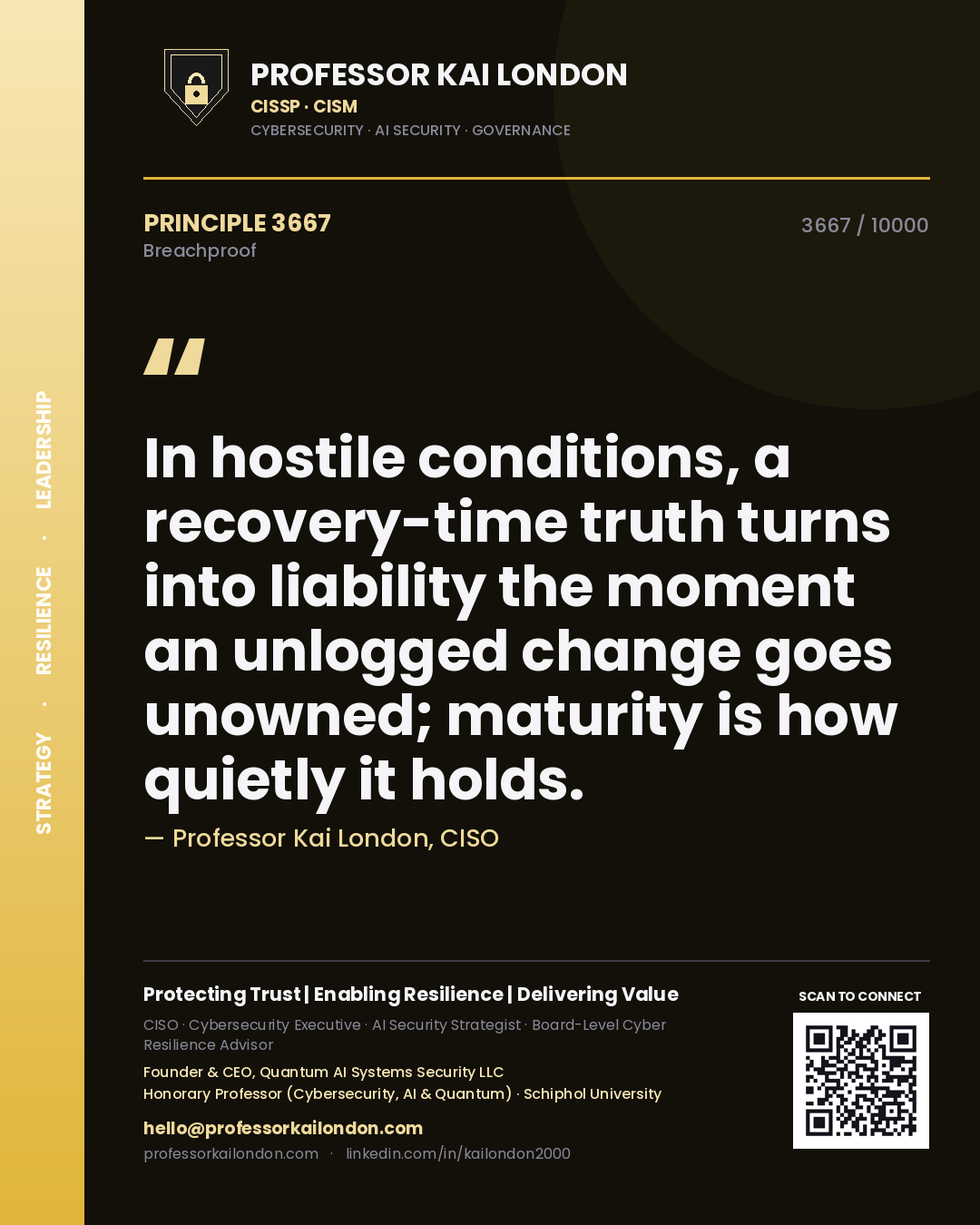Quote card by Professor Kai London reading 'In hostile conditions, a recovery-time truth turns into liability the moment an unlogged change goes unowned; maturity is how quietly it holds.'. From the book Breachproof.