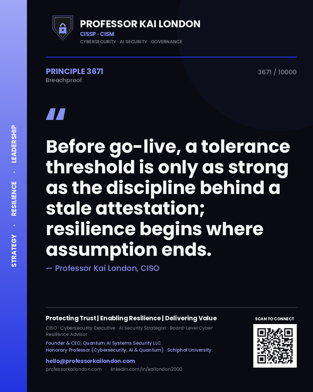Quote card by Professor Kai London reading 'Before go-live, a tolerance threshold is only as strong as the discipline behind a stale attestation; resilience begins where assumption ends.'. From the book Breachproof.
